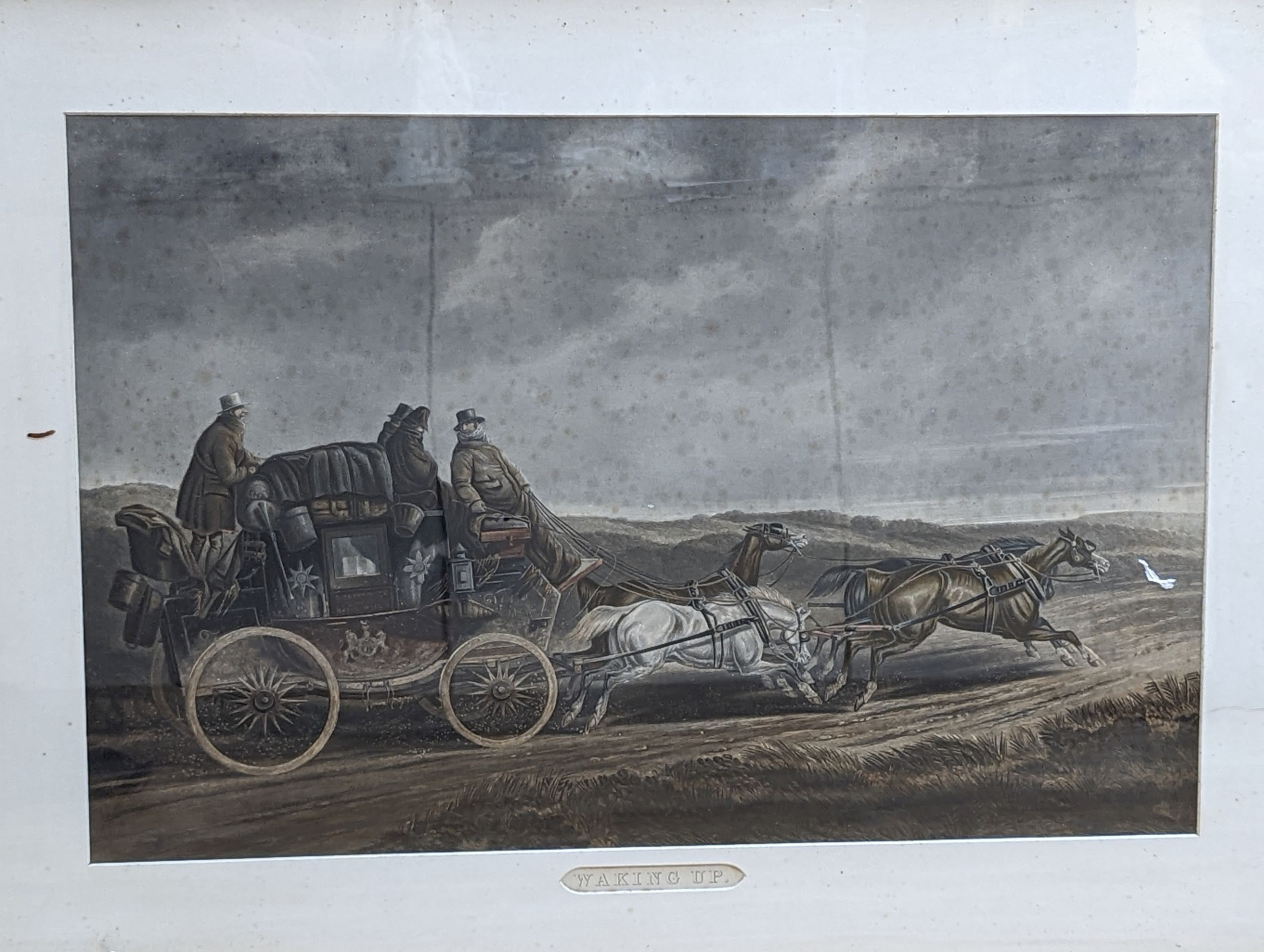 19th century English School, pair of coloured aquatints, Coaching scenes: 'Pulling up to un-skid' and 'Waking Up', 44 x 67cm